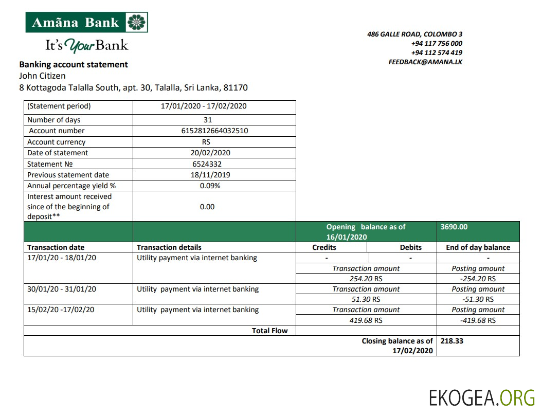 Modèle de relevé de preuve d'adresse de la banque Amana du Sri Lanka au format Word et PDF